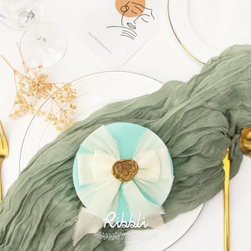 Ribbli Fall Ribbon 1.5 inch x 30 Yard Handmade Silk, Ivory/Dusty Sage/Terracotta Fringe Chiffon Ribbon for Wedding Invitations, Bridal Bouquets Wrapping, Flower Arrangement Decoration 5