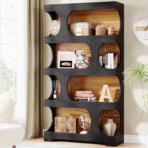 Tribesigns 71" Tall Bookcase, 4-Tier S-Shaped Bookshelf, Wood Decorative Storage Shelving, Modern Freestanding Display Shelves, Large Library Book Shelf Unit for Home Office Living Room, Black & Brown