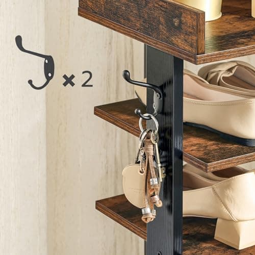 HOOBRO Vertical Shoe Rack for Front Door Entryway, 7 Tier Wooden Shoe Storage Organizer with Hooks, Narrow Shoe Tower for 7 Pairs, Space Saving, for Corner, Closet, Bedroom, Rustic Brown BF61XJ01 8