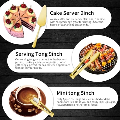 Gisly Gold 12 Pieces Serving Utensils Include Large Serving Spoons,Slotted Serving Spoons,Serving Forks,Serving Tongs,Appetizers Tongs,Soup Ladle and Pie Cake Server for Buffet Catering 6