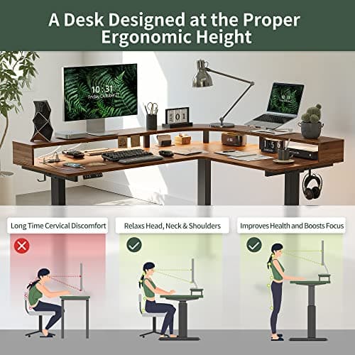 FEZIBO L Shaped Standing Desk with Arc LED & Power Outlet, Exclusive Uprated 3 Motors Support 330LBS, Electric Height Adjustable L Shaped Desk with Large Monitor Stand, for Gaming Office, Black Walnut 5