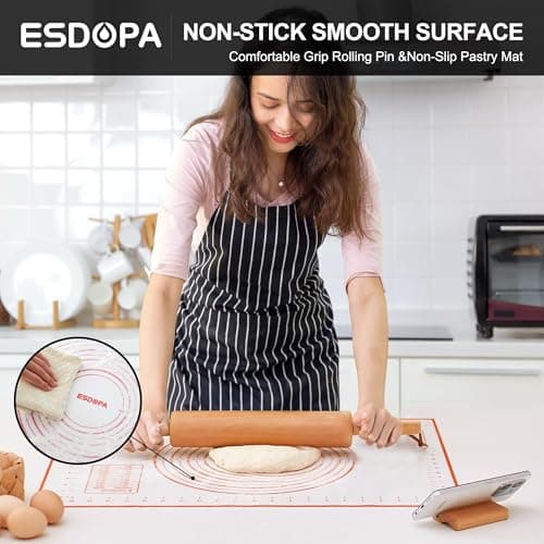 ESDOPA Classic Wood Rolling Pin - Wooden Rolling Pins for Baking Silicone Mat Set, Dough Roller with Wood Base, Fondant Roller for Pie Crust Cookies Pizza Dough and Bread, 17 Inch 6