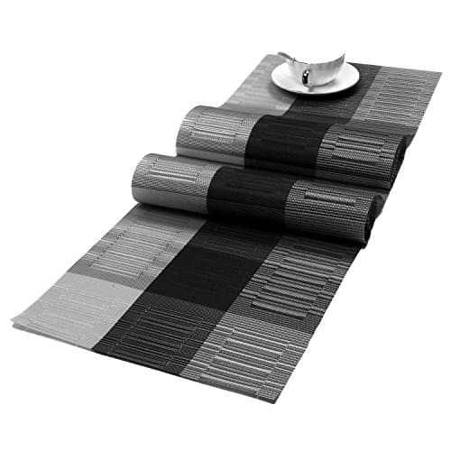 SHACOS Woven Vinyl Table Runner 12 x 54 inch PVC Runner for Dining Table Coffee Table Counter Wipe Clean Indoor Outdoor, Ombre Black and Gray