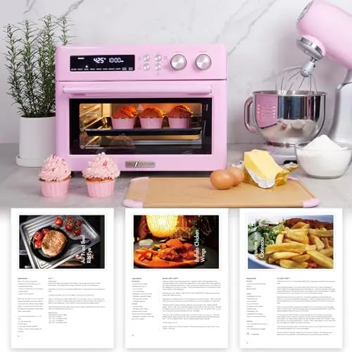 VAL CUCINA Retro Style Infrared Heating Air Fryer Toaster Oven, Extra Large Countertop Convection Oven 10-in-1 Combo, 6-Slice Toast, Enamel Baking Pan Easy Clean with Recipe Book, Classic Pink Color 7