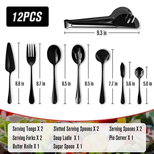 Keyoxy Black Stainless Steel Serving Utensil Set, 12 Pcs, with Large Slotted/Spoon/Forks/Soup Ladle/Tongs/Pie Server/Butter Knife for Parties/Kitchen/Buffet/Catering 6