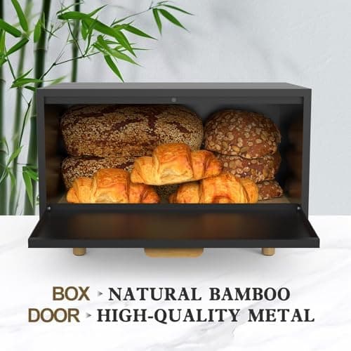 LOHASOK Bread Box for Kitchen Countertop Large Farmhouse Bread Container Bread Storage Bamboo Bread Holder Black 5
