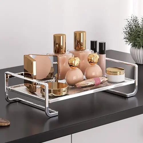 YIWANFW Bathroom Counter Tray- Silver Vanity Trays for Bedroom Dresser Top Organizer for Makeup Perfume Cosmetics Skincare Cologne, Decorative Tray Bathroom Organizers and Storage Toilet Tank Tray