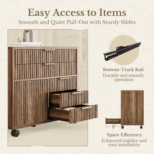 Perledesign Fluted File Cabinet with 5 Drawers, Large Storage with Cabinet Door, Mobile Filing Cabinet with Locable Wheels for Home Office, Black Walnut 7