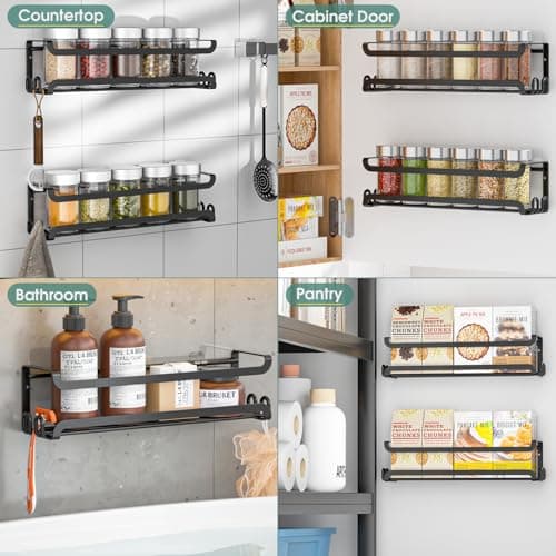 LUCYCAZ 2 Pack Wall Mounted Spice Rack with 8 Hooks, Spice Organizer Shelf for Stove Cabinet Pantry Door,Screw or Adhesive Spice Shelf Hanging Wall Spice Rack in Kitchen and RV (Black, 2 PACK) 8
