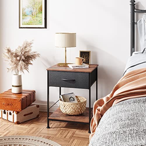 WLIVE Night Stand, Side Table with Fabric Storage Drawer, Small Nightstand, Bedside Table End Table for Bedroom, Dorm, Open Wood Shelf, Steel Frame, Black and Rustic Brown 9
