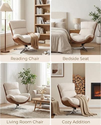 LukeAlon Linen Swivel Lounge Chair, Upholstered High Back Accent Chair with Metal Base Armelss Comfy Modern Recliner Chair for Living Room Office, Beige 7