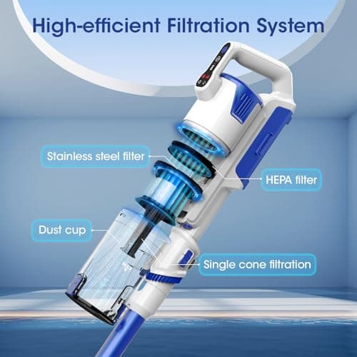 AYONTIN Cordless Vacuum Cleaner, Brushless Motor Powerful Suction Stick Vacuum, LED Display, with 2500 mAh Detachable Battery, 45 Mins Runtime Vacuum Cleaners for Home/Pet Hair/Hardwood/Carpets, Blue 5
