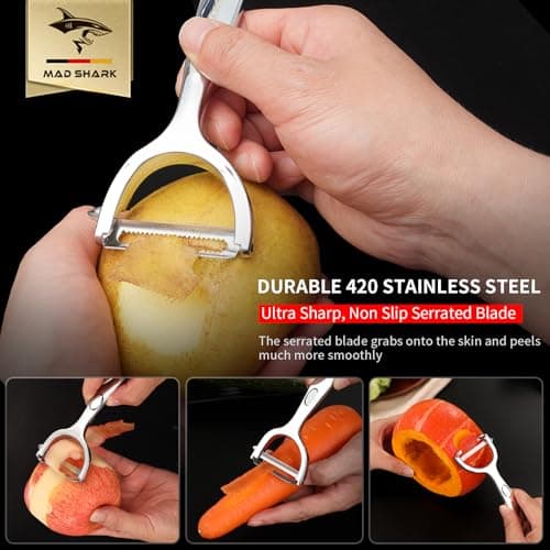 MAD SHARK Ultra Sharp Vegetable Peelers for Kitchen 10 Years No Rust Stainless Steel Serrated Potato Peeler Easy to Use Y Peeler with Durable Non-Slip Ergonomic Grips for Carrots, Fruits, Veggie 3