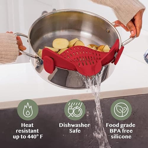 Kitchen Gizmo Snap N Strain Silicone Pot Strainer - Adjustable Clip-On Pasta Strainer for Pots, Pans, and Bowls - Large Red Kitchen Colander 5