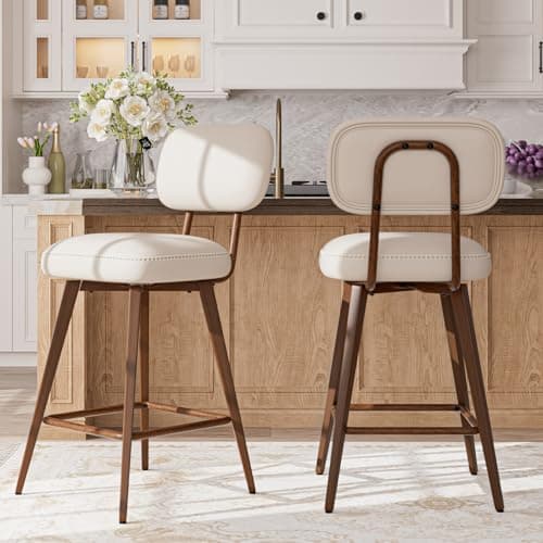 MALOL 26“ Swivel Bar Stools Set of 2, Mid Century PU Leather Counter Height Bar Chairs with Low Back and Metal Legs, Modern Bar Stool Chair for Kitchen Island, Beige