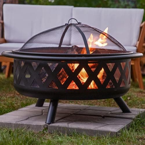 Sunnydaze Crossweave Outdoor Fire Pit - Wood-Burning Fire Pit for Outside with Spark Screen, Poker and Round Cover - 36-Inch - Black 9