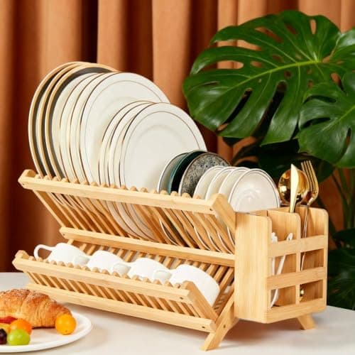 QUEENKAY Dish Drying Rack Collapsible 2-Tier Bamboo Dish Rack for Kitchen Counter Wooden Dish Drainer with Foldable Space-Saving Design for Dishes, Plates, and Cups 6