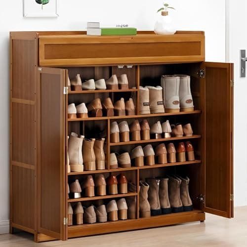 WRFTUMT Bamboo Shoe Storage Cabinet with Flip Door, 7 Tier Freestanding Shoes Heels Sneakers Shoe Rack Shelf for 36-40 Pairs, Entryway Shoe Cabinet with 2 Folding Doors for Hallway Living Room, Large