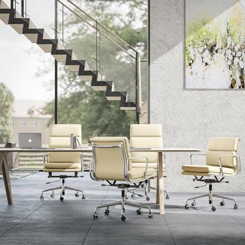 OTDMEL Mid-Back Executive Genuine Leather Office Chair, with Aluminum Arms and 5-Star Base, Modern Rolling Desk Chair with Silent Wheels, Lumbar Support, High-Adjustable, Tilting for Home & Office 8
