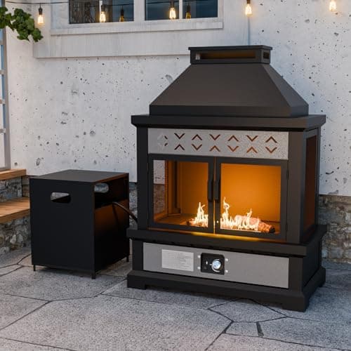 INTER HUT 35’’ Smokeless Outdoor Propane Fireplace with Tank Storage & Mesh Door, CSA Certified 50,000 BTU Patio Fire Pit with Cover for Garden, Backyard and Patio, Black/Beige 5