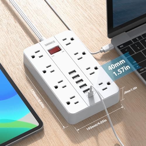 SMNICE Power Strip with USB,Surge Protector Flat Plug with 8 Widely Spaced Outlets and 6 USB Ports(1 USB C), 5ft Extension Cord Wall Mountable Phone Tablet Laptop Computer Multiple Devices 5