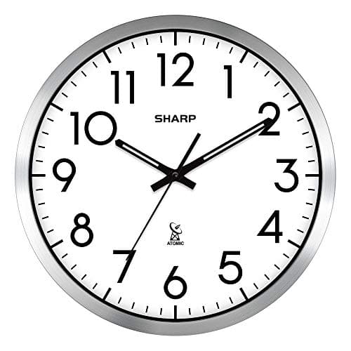 Sharp Atomic Analog Wall Clock - 12" Silver Brushed Finish Sets Automatically- Battery Operated Easy to Read Use: Simple, Style fits Any Decor