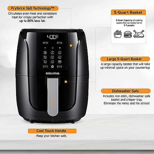 Gourmia Air Fryer Oven Digital Display 5 Quart Large AirFryer Cooker 12 1-Touch Cooking Presets, XL Air Fryer Basket 1500w Power Multifunction Black and Stainless Steel Accents FRY FORCE GAF536 7