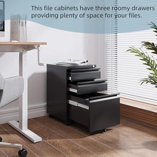 Guizeeopo Filing Cabinets for Home Office, Mobile File Cabinet with Lock, 3 Drawer Filing Cabinet for A4/Letter/Legal Size Folder, Fully Assembled Except Casters, Matte Black 9