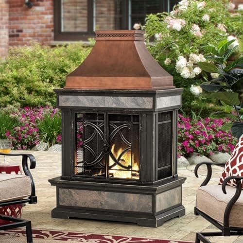 Sunjoy Outdoor Fireplace, Stone Look Tile Patio Wood Burning Steel Fireplace with Chimney, Spark Screen, Fire Poker, Rain Cover, and Removable Grate, Copper with Gray Tile