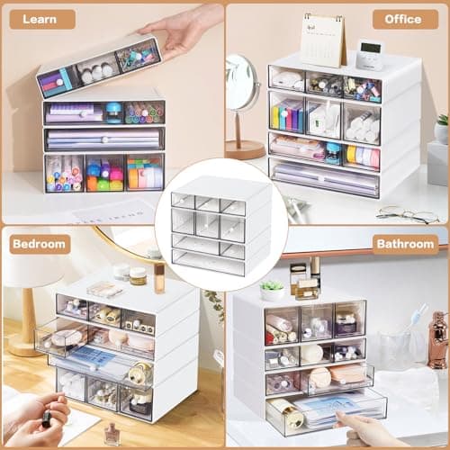 FODIENS Desk Storage Organizer with 9 Drawers, 4 Tiers Stackable Desktop Craft Storage Drawers, Clear Storage Box Caddy for Stationary Makeup Jewelry Office Craft Supplies (White) 6
