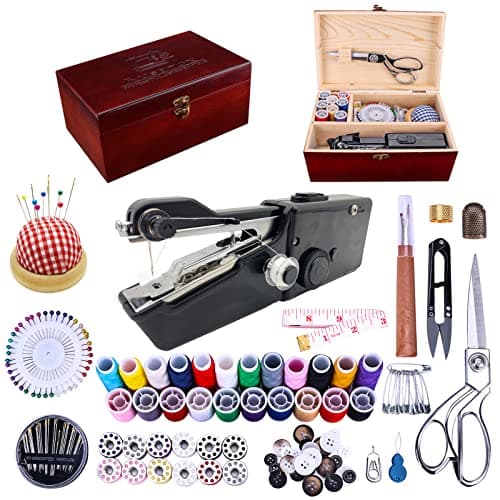 Handheld Sewing Machine, with Elegant Wooden Sewing Box and 153-Piece Sewing Kit, Mini Portable Cordless Hand held Sewing Device, Perfect for Adults, Beginners, and Quick Home Repairs