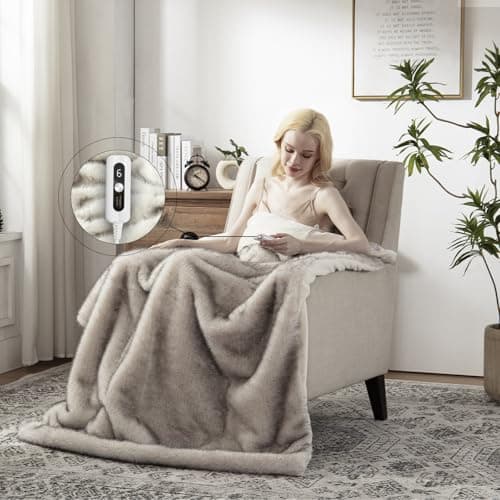 SNUGSUN Heated Blanket Throw Size, Electric Heating Blanket for Bed, Automatic Safety System 6 Heating Levels & 4 Hours Auto-Off, 50" x 60" White Little Golden Fox with Black Tips Flannel