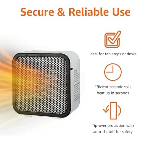 Amazon Basics Ceramic Space Heater, Portable Mini Heater for Office Desk, 500W, With Tip-Over Protection, Lightweight 1.4 lbs, White, 5.9"D x 3.2"W x 6"H 2