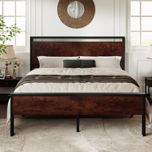 Allewie Queen Size Platform Bed Frame with Wooden Headboard and Footboard, Heavy Duty 12 Metal Slats Support, No Box Spring Needed, Under-Bed Storage, Noise Free, Easy Assembly, Mahogany