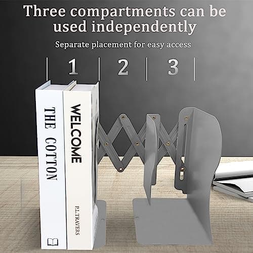 Adjustable Bookends, 19 inches 2 Dividers Heavy Duty Metal Book Holders, Book Storage Rack, Desk Organizer Magazine File Holder for Office, School, Bookstore and Home, Grey 6