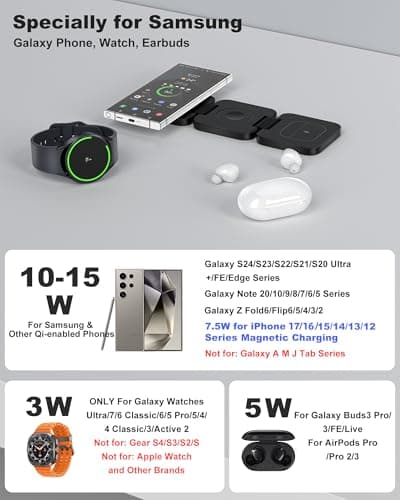 Foldable 3 in 1 Wireless Charging Station for Samsung, KU XIU X55 Ultra Magnetic Travel Charger Stand for Galaxy S24 Ultra S23 S22 Note 20 Z Fold Flip 6 5, Galaxy Watch Ultra 7 6 5, Galaxy Buds, Black 6