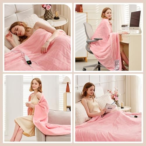 PTQ Heated Throw Blanket 50"×60" - Premium Cosy Soft Electric Blanket with 6 Heating Levels,Fast Heating Flannel Sherpa Blanket for Bed & Couch - Auto Shut Off/Machine Washable Blanket (Pink) 6