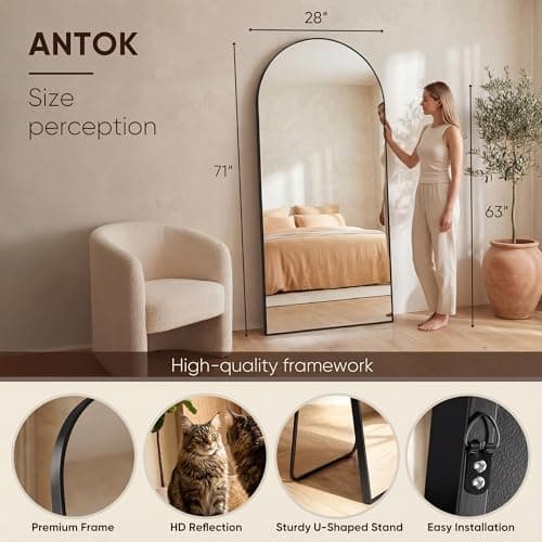 Antok 71" x28” Arched Full Length Floor Mirror, Black Aluminum Frame, Free Standing/Wall Mount/Leaning for Bedroom, Living Room, Dressing Room 3