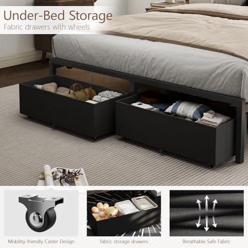 Furnulem Full Size Bed Frame with Headboard, Upholstered Full Bed Frame with LED Light, USB Charging Station, Platform Bedframe with 2 Fabric Underbed Storage Drawers, No Spring Box Needed 7
