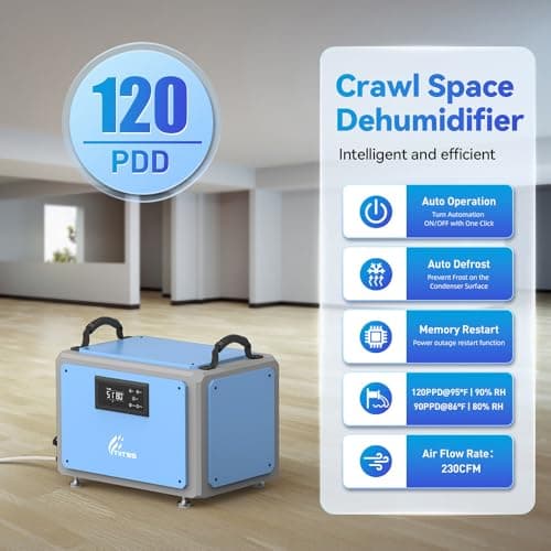 Tiitss Commercial Dehumidifier 120 Pint with Drain Hose for Crawl Spaces, Industrial, Basements, Garages, Dehumidifier with Pump, Portable, Compact, Large Capacity, Auto Defrost, Memory Restart 8