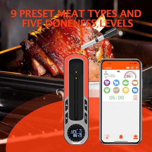 BHY Wireless Meat Thermometer - Smart Digital Cooking Thermometer with 500Ft Remote Range Wireless Probe, Food Thermometer for BBQ Oven Grill, with iOS & Android App, LCD Ddisplay 8