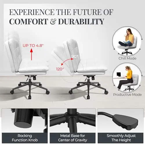 Criss Cross Desk Chair for Cross Legged Sitting, Easy to Assemble with Wheels - Premium Detachable Wheel and Swivel Design, Cozy White Ergonomic Office Chair with Wide Comfy Seating 6