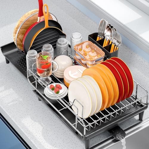 TOOLF Expandable Dish Rack, Dish Drying Rack for Kitchen Counter, Foldable Dish Dryer Rack, Stainless Steel Dish Drainer Racks with Cutlery Holder, Collapsible Dish Drying Racks Large Size,Black 9