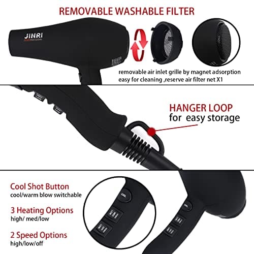 Professional Salon Grade Hair Dryer 1875W, Powerful Fast Drying Pro Negative Ionic & Infrared Blow Dryer, Low Noise Blow Dryer with Diffuser, Concentrator, Comb, 2 Speed & 3 Heat Settings 5