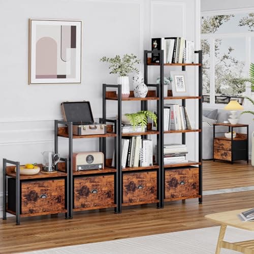 Furologee 5 Tier Bookshelf with Drawer, Tall Narrow Bookcase with Shelves, Wood and Metal Bookshelves Storage Organizer, Industrial Display Standing Shelf Unit for Bedroom, Living Room, Rustic Brown 6