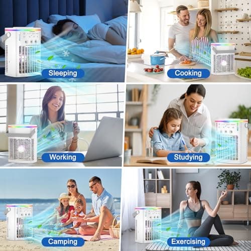 Portable Air Conditioners, 4-in-1 Portable Air Cooling Fan with 1000mL Tank, 3 Speeds & Remote - 2-8H Timer, 7-Color LED - Mini Evaporative AC Unit for Camping, Office, Bedroom, Car 7
