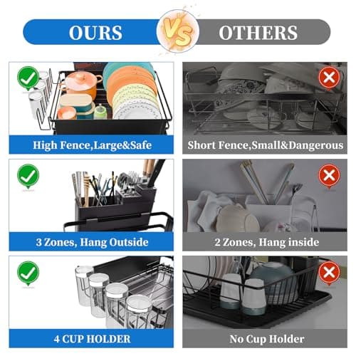 Simple Trending Dish Drying Rack, Dish Drainer for Kitchen Counter, Dish Rack with Tray for Large Capacity, Black 5