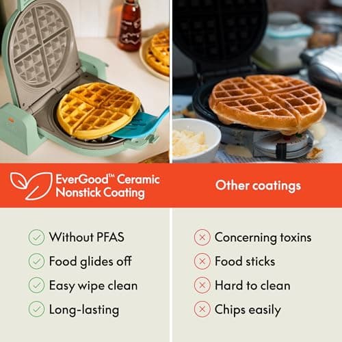 bella Flip-n-Store Waffle Maker with EverGood™ Ceramic Nonstick Coating, Fits-anywhere™ Kitchenware, Power Indicator Light, Cool Touch Handle & Cord Wrap, 7” Wide & 1" Deep Plates, 1000 Watt, Seaglass 6