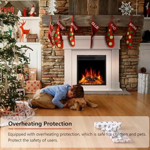 R.W.FLAME 43” Electric Fireplace Mantel Wooden Surround Firebox, TV Stand with Freestanding Electric Fireplace, Remote Control, Adjustable Led Flame, 750W/1500w Cream 5