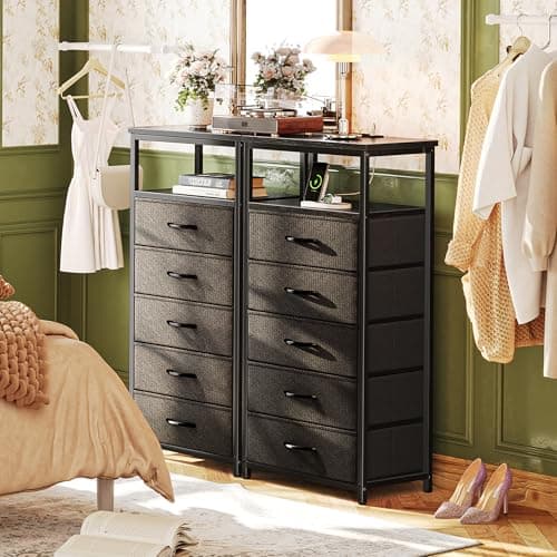 Huuger 5 Drawers Dresser with Charging Station, Dresser for Bedroom, Tall Night Stand, Chest of Drawers with Open Shelf, Bedside Table Nightstand, Fabric Storage Drawers, for Entryway, Black 7